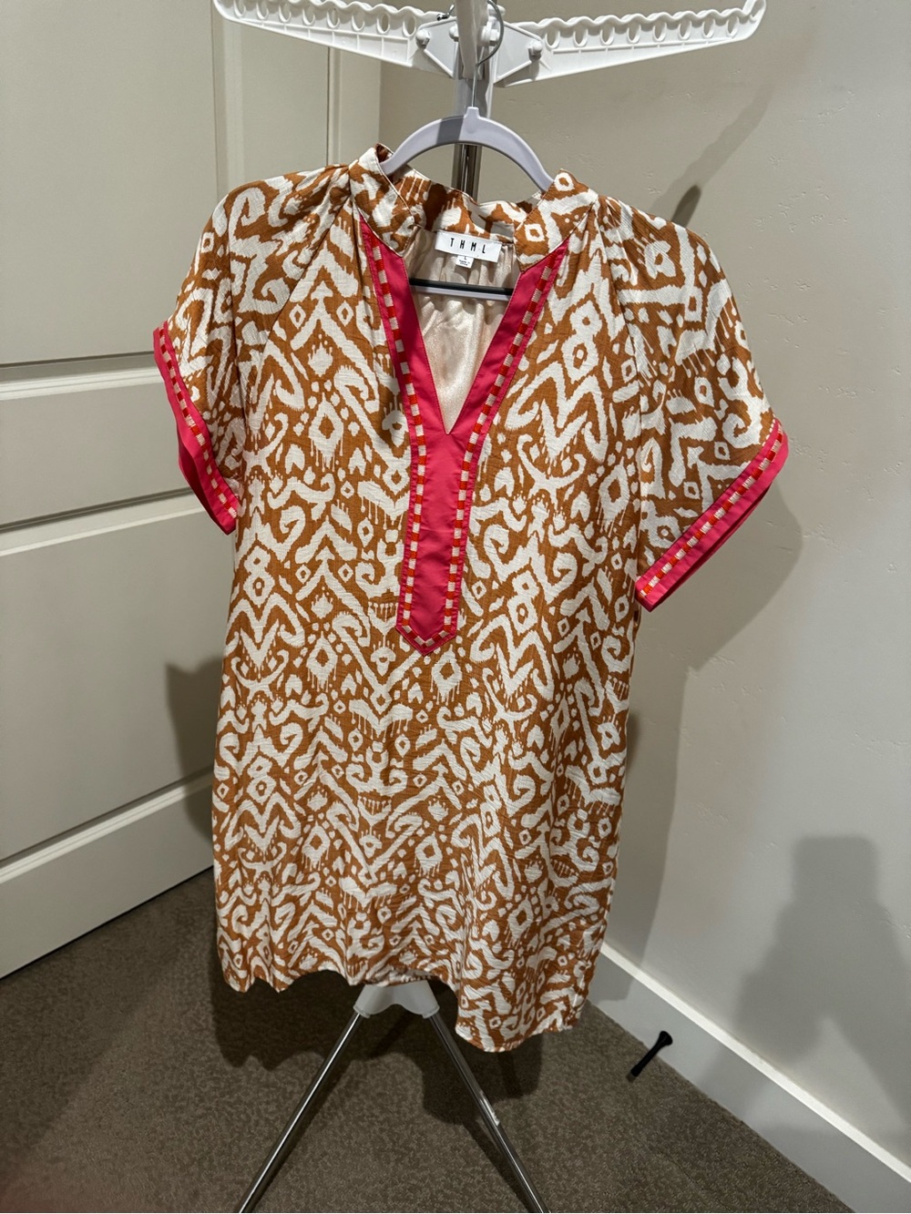 THML Brown and White Ikat Dress with Pink Trim